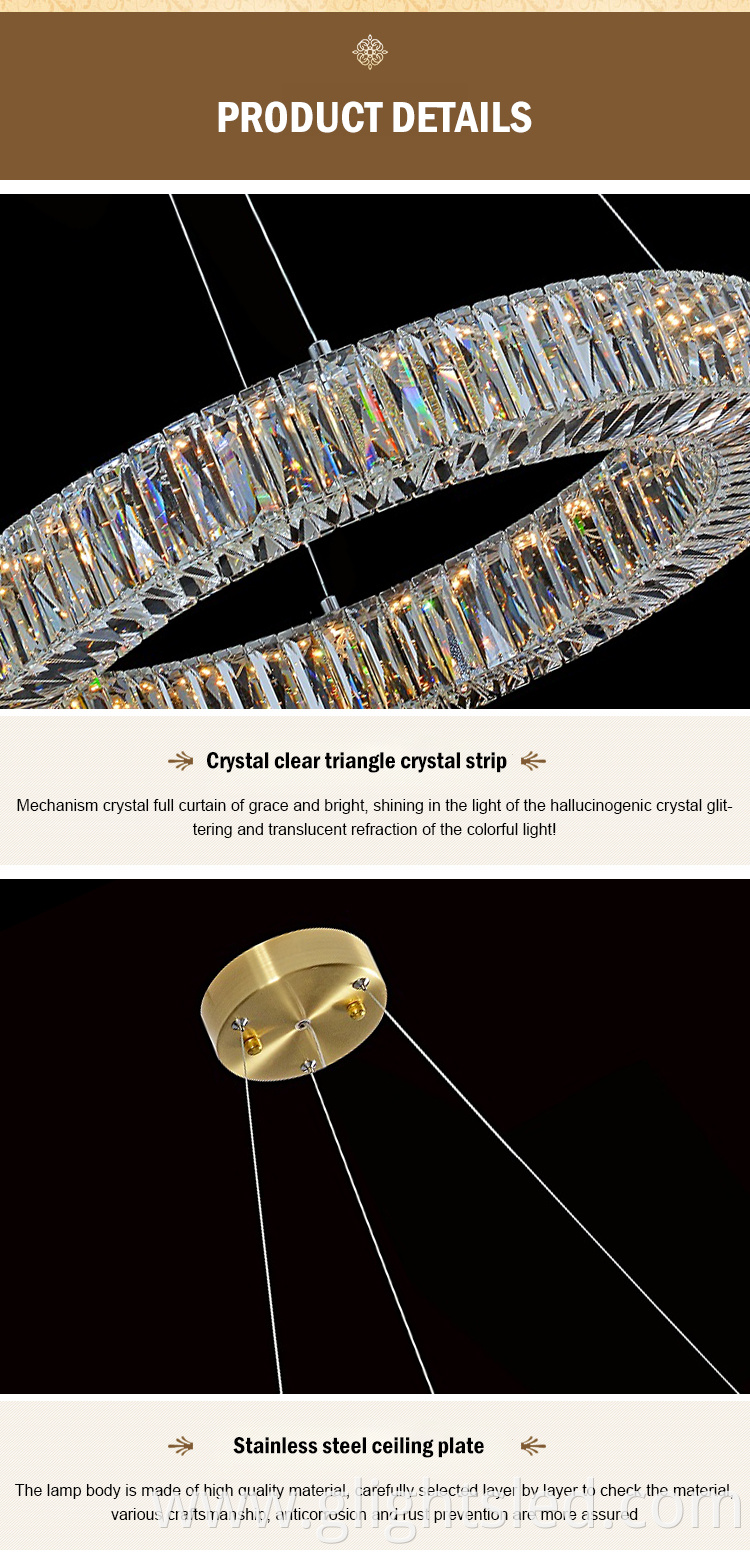 New design hotel modern Stainless steel K9 crystal 3000k 24w 37w 52w round led pendant light